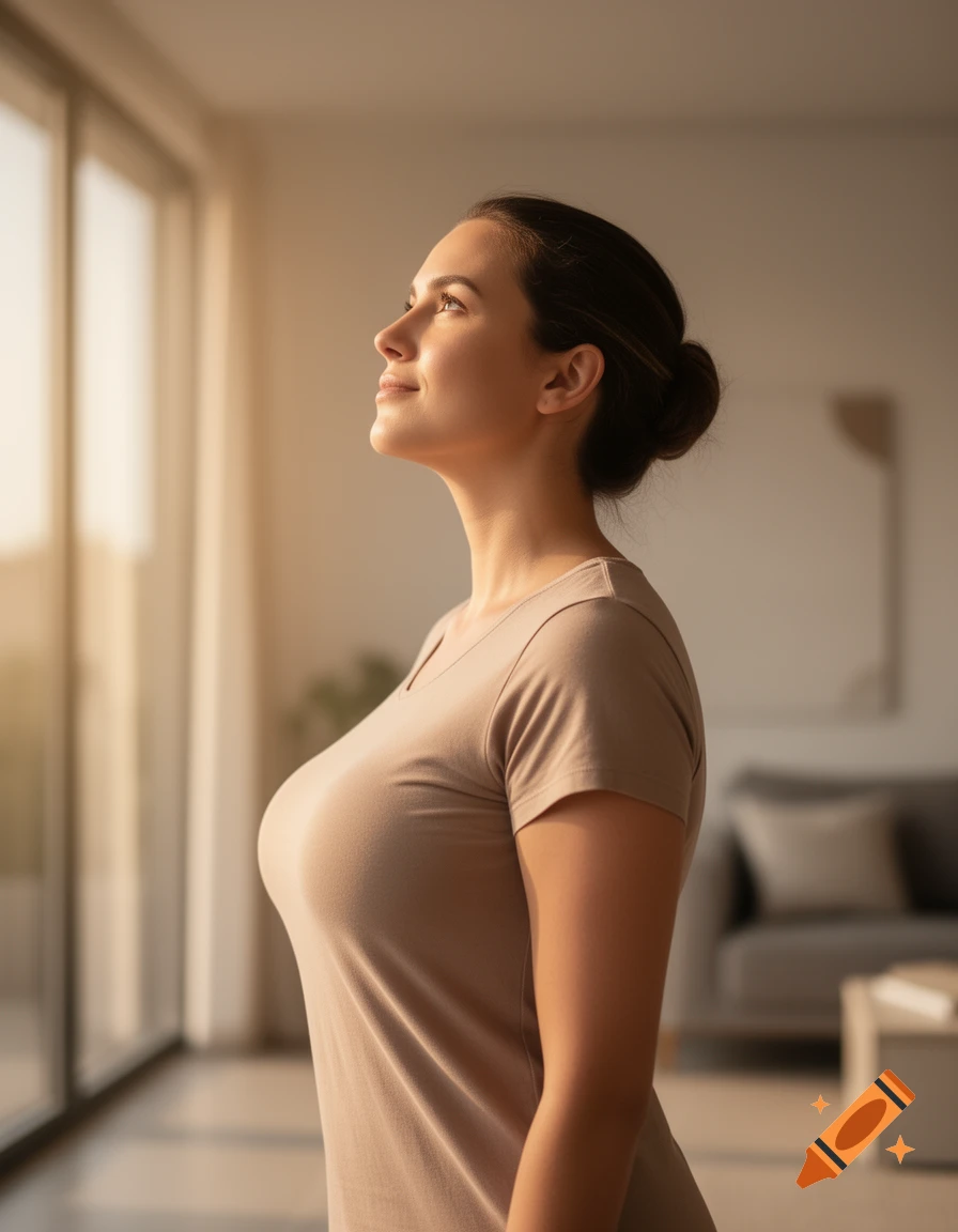 Profile of a woman with dark hair, wearing a light t-shirt, looking out a large window bathed in warm sunlight.