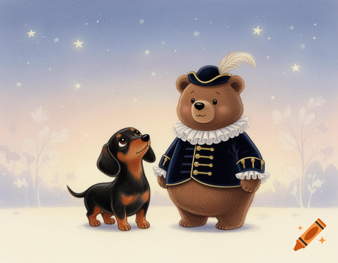 A cute dachshund looks up at a brown bear in a blue captain's coat and feathered hat, in a children's book illustration.