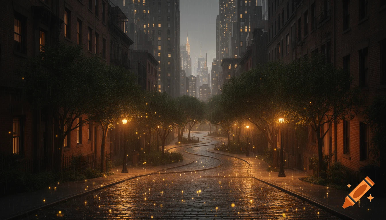 A curving cobblestone street in a rainy city neighborhood at night, illuminated by streetlights and glowing reflections, lined with trees and tall brick buildings. Skyscrapers are visible in the misty distance.