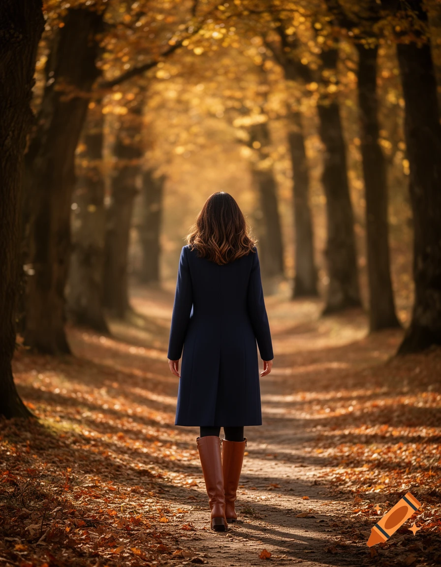 A woman in a dark coat and brown boots walks away down a sunlit path through an autumn forest filled with golden leaves.