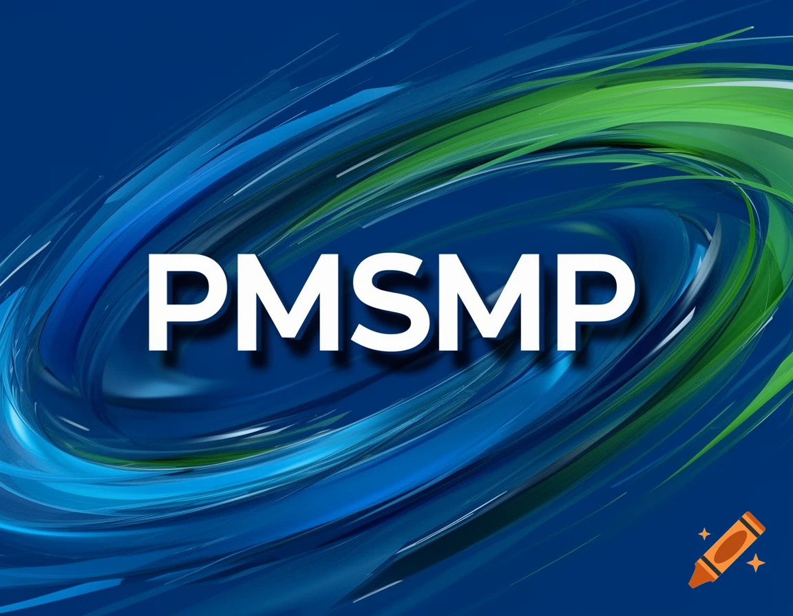 White text 'PMSMP' on a dynamic abstract background of swirling blue and green lines.