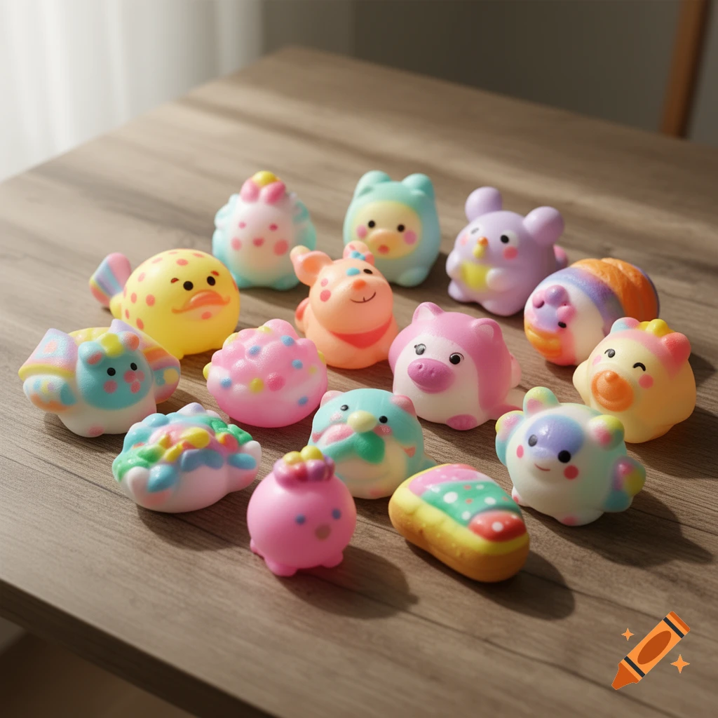 A collection of colorful, cute squishy toys, some shaped like animals and others like desserts, arranged on a wooden table.