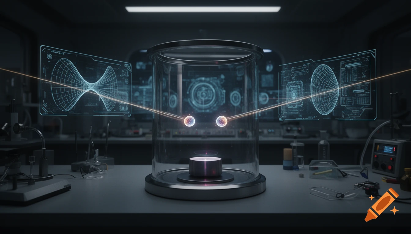 A futuristic physics lab with glowing quantum particles suspended in a glass vacuum chamber, surrounded by holographic data screens with abstract patterns.