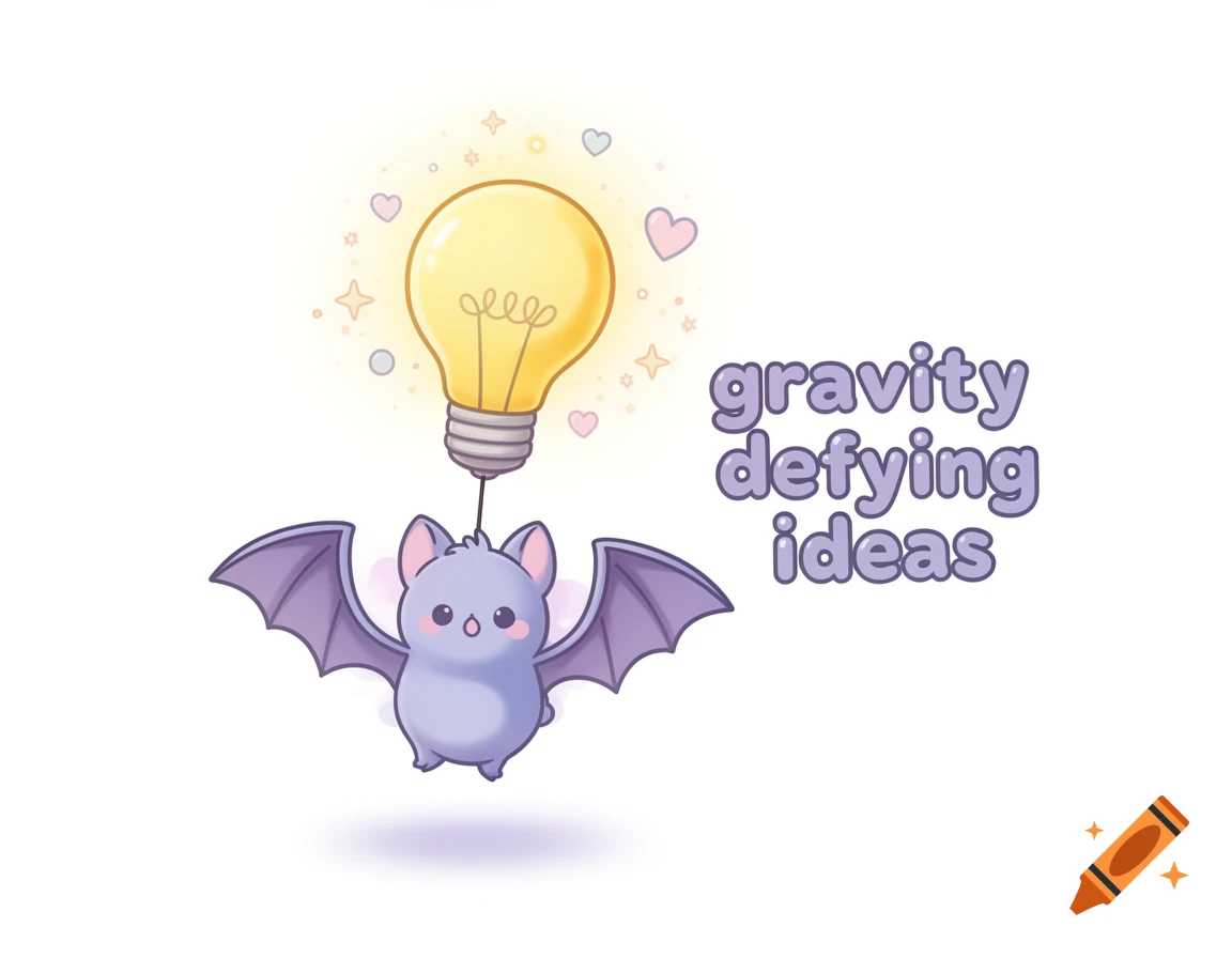 A cute kawaii cartoon bat with purple wings holding a glowing yellow lightbulb, next to the text "gravity defying ideas".