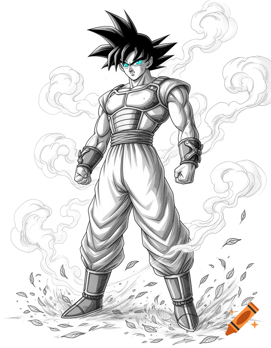 Anime sketch of a spiky-haired hero with glowing blue eyes, standing in a powerful pose amidst swirling smoke and leaves.