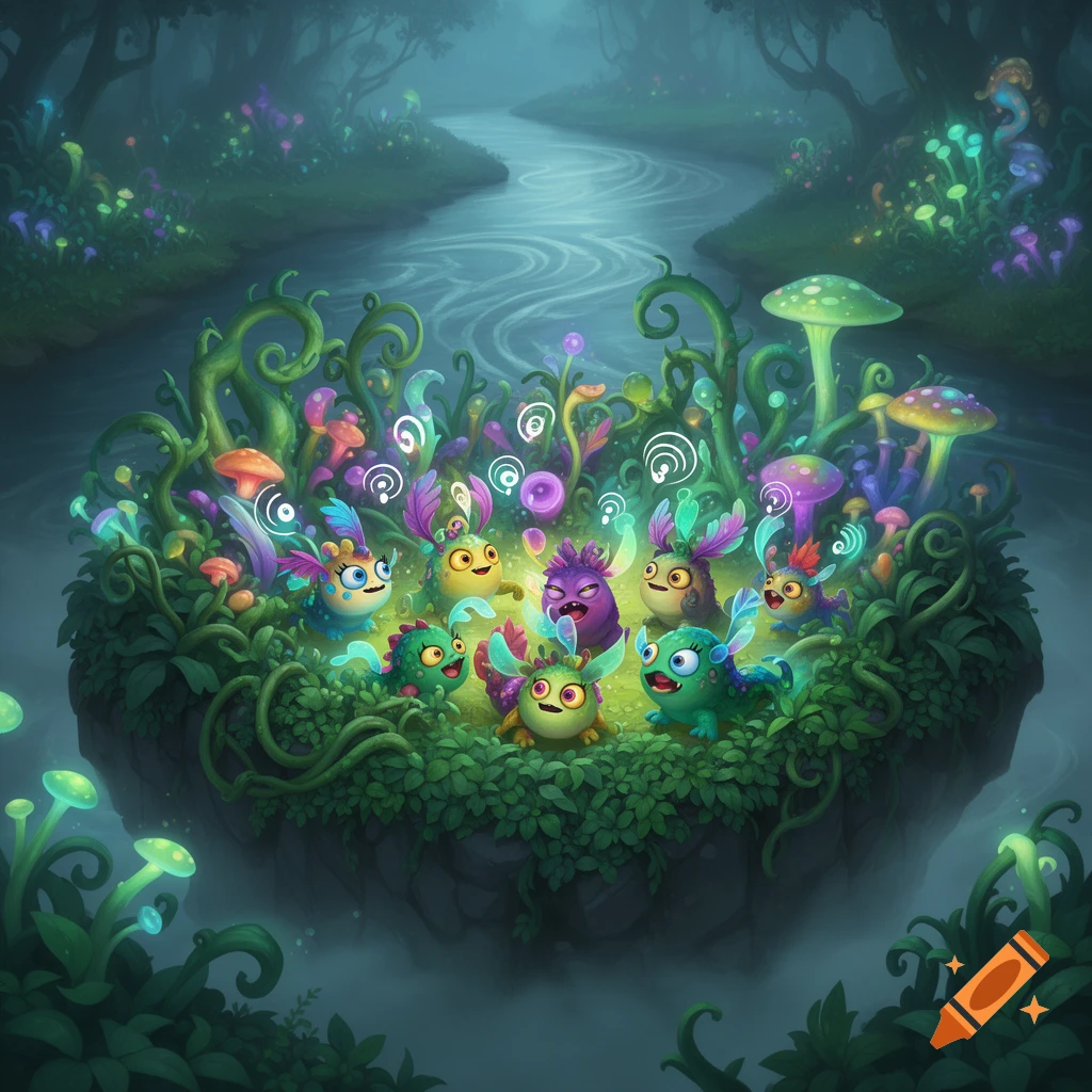 Colorful, whimsical monsters gather on a glowing, leafy islet in a magical forest with a river.