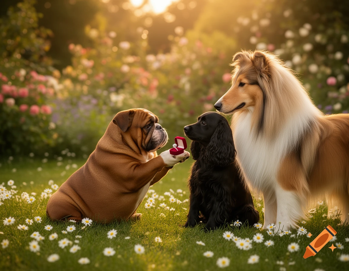 Photorealistic image of a bulldog proposing to a black cocker spaniel in a sunny flower garden, with a collie watching.