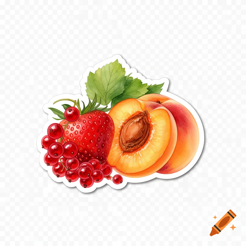 Watercolor sticker illustration of a ripe strawberry, red currants, and a halved apricot with green leaves on a transparent background.