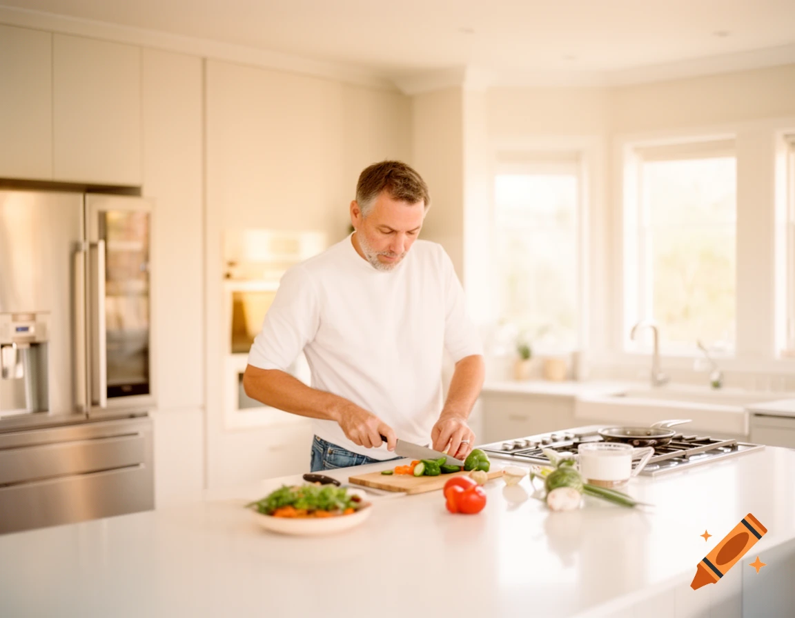 A man chopping vegetables on a cutting board in a bright, clean kitchen.