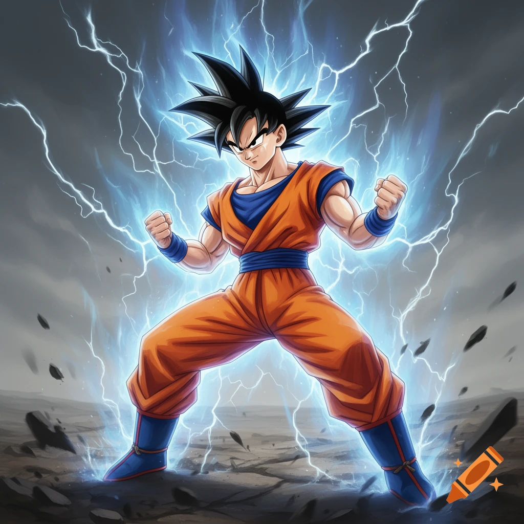 Anime illustration of Goku from Dragon Ball Z powering up, surrounded by blue lightning on a cracked ground.