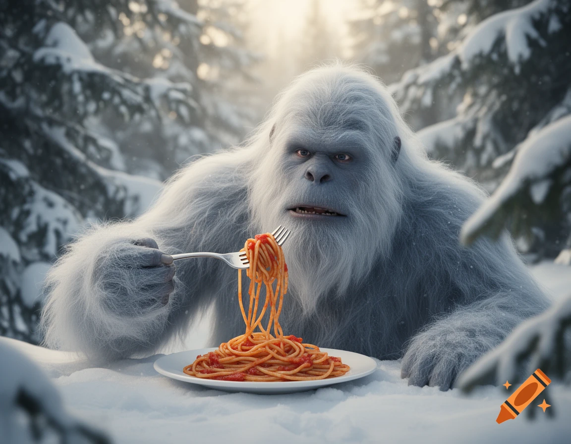 A photorealistic yeti sits in a snowy forest, skillfully twirling spaghetti onto a fork from a plate in front of it.