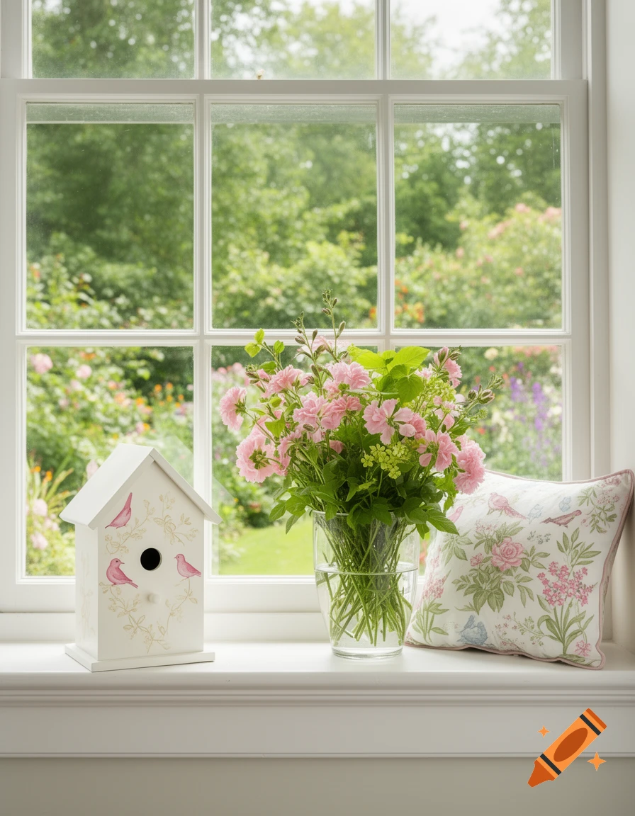 A white window sill with a decorative birdhouse, pink flowers in a vase, and a floral cushion, overlooking a lush summer garden.