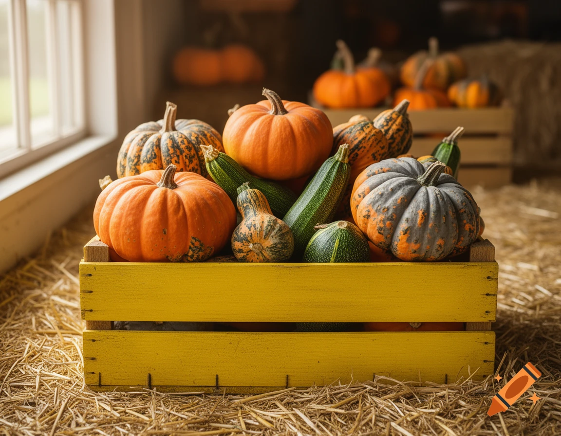 A yellow wooden crate overflowing with a variety of orange, green, and grey squash and pumpkins on a bed of hay.