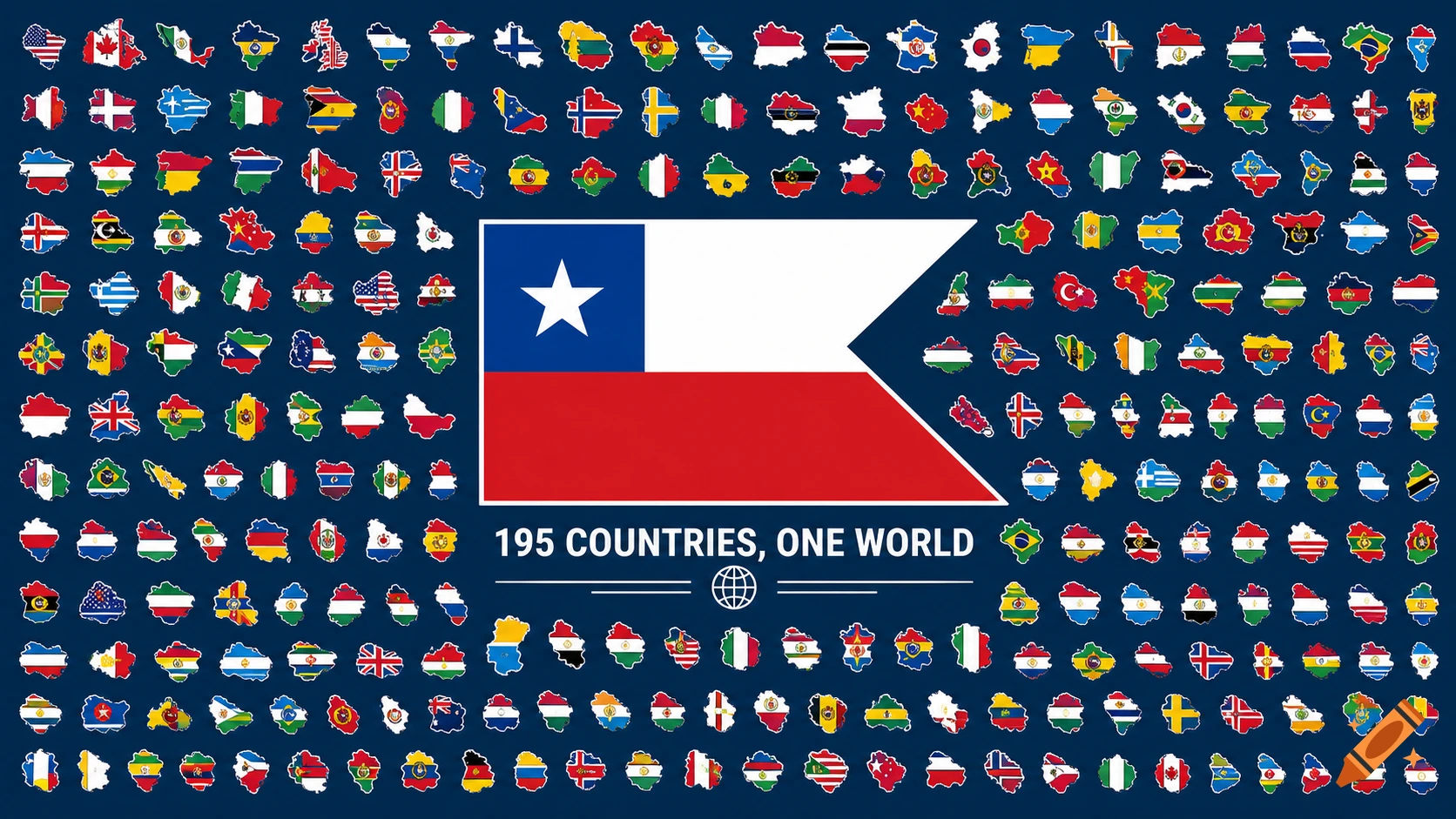 Large Chilean flag surrounded by 195 smaller country map outlines with flags, and text '195 COUNTRIES, ONE WORLD' on a blue background.