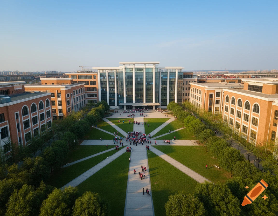 Photorealistic aerial view of a large university campus with diverse buildings, a green quad, and students gathered under a clear sky.