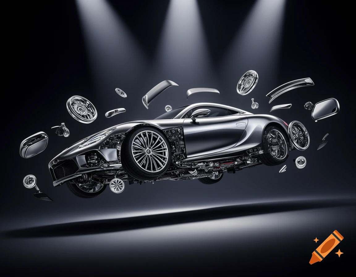 A shiny silver sports car dramatically exploded into components, floating in a dark studio under spotlights.