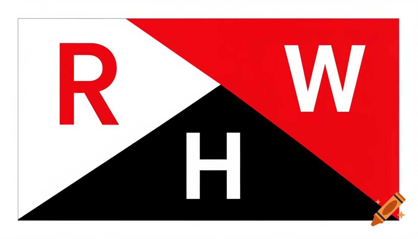A rectangular flag divided into three triangular sections: a red 'R' on white in the top left, a white 'W' on red in the top right, and a white 'H' on black in the bottom center.