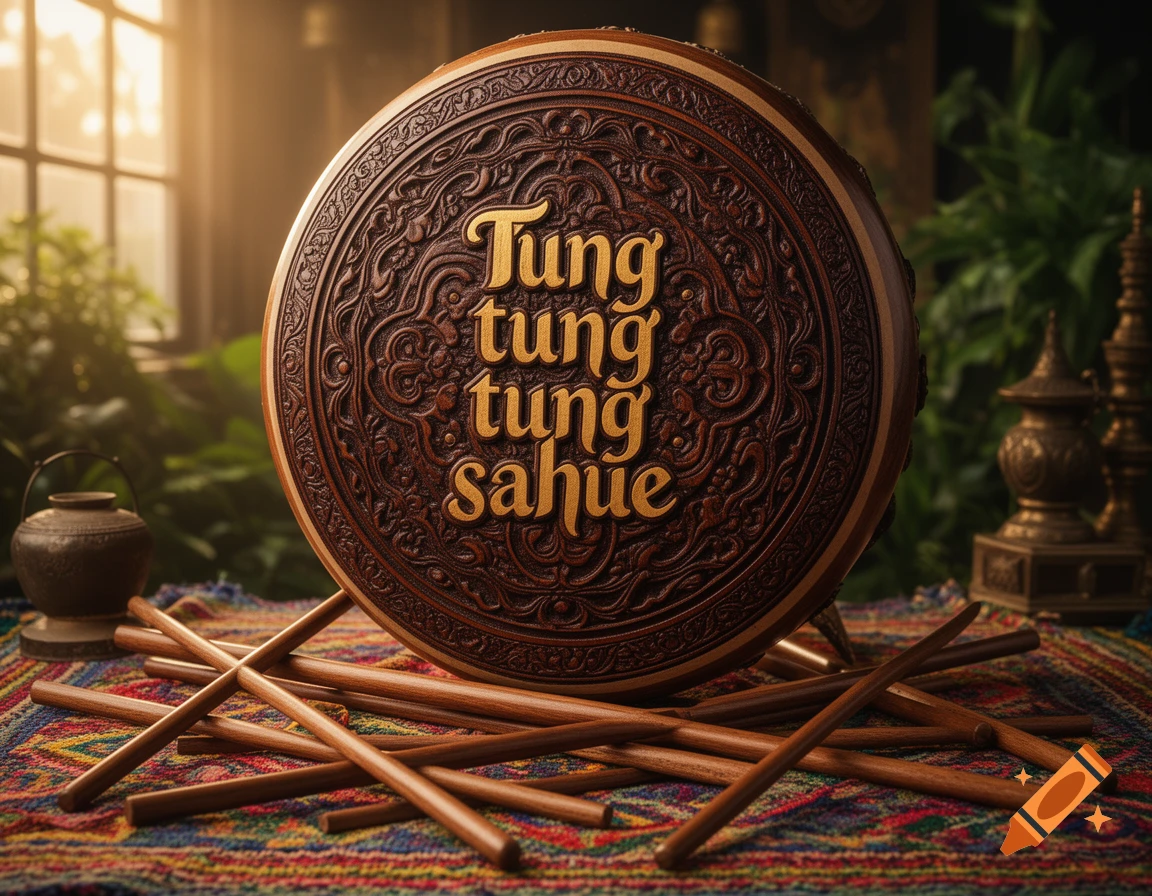 A decorative wooden drum with "Tung tung tung sahue" engraved, surrounded by drumsticks on a colorful patterned rug in a warm, artistic setting.