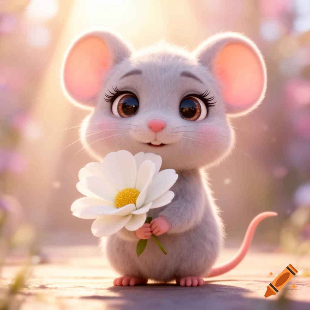 A cute, fluffy grey cartoon mouse with big eyes and pink cheeks smiles while holding a large white daisy flower.