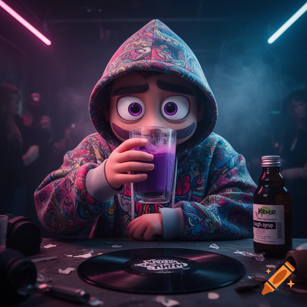 A stylized cartoon character in a colorful hoodie drinks a purple liquid, with a "cough syrup" bottle and vinyl record on a table in a neon-lit, smoky room.