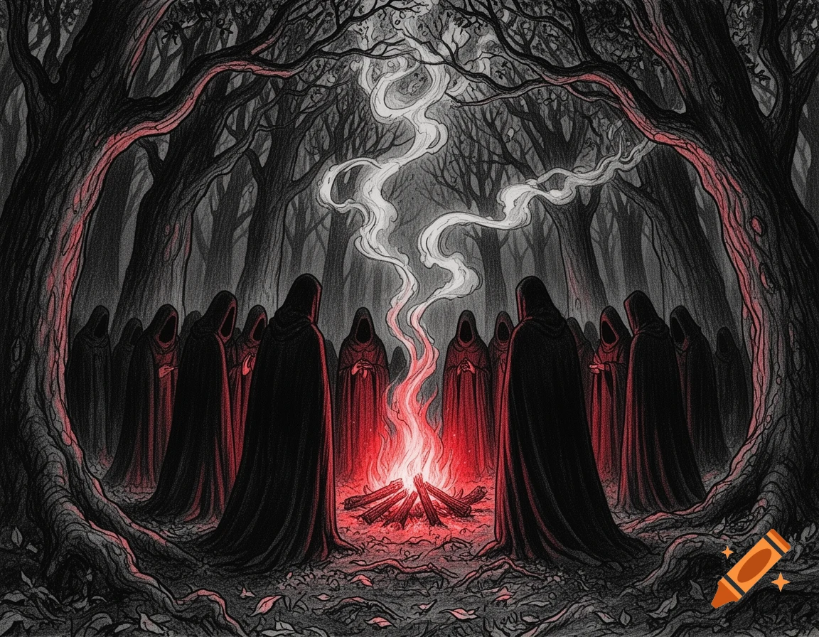 Ominous ink and paper illustration of cloaked figures performing a ritual around a glowing red fire in a dark, gnarled forest.