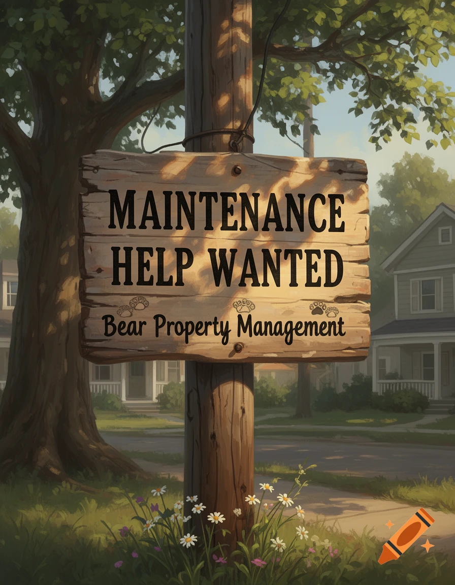 A wooden 'MAINTENANCE HELP WANTED' sign for Bear Property Management on a utility pole in a sunny residential neighborhood.