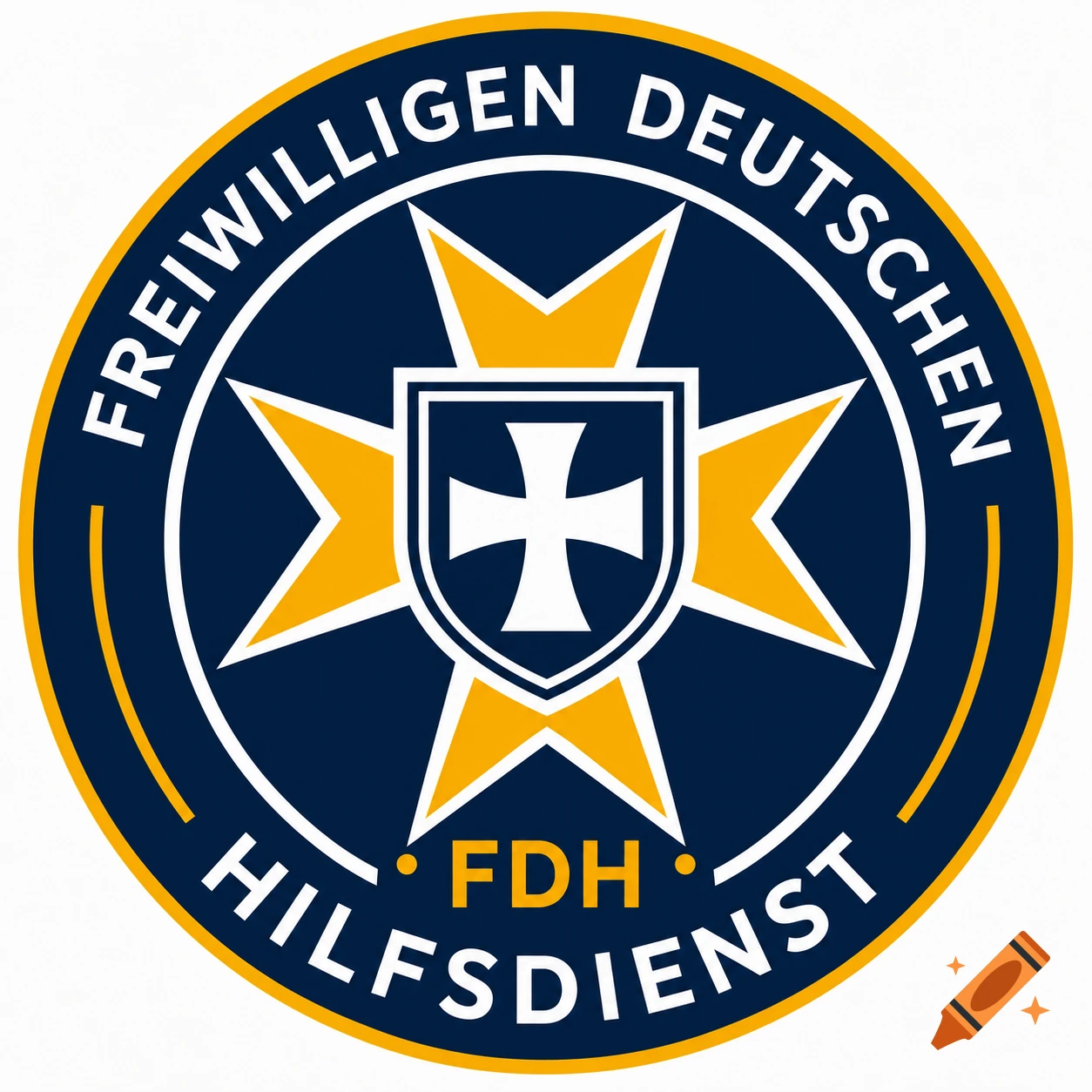 Circular navy blue and gold logo for 'Freiwilligen Deutschen Hilfsdienst (FDH)' with an eight-pointed star and cross shield.