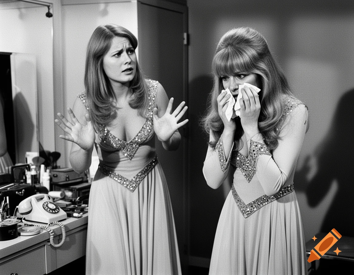 Two women in sparkling gowns in a vintage black and white photo, one distraught with hands raised, the other crying into tissues.