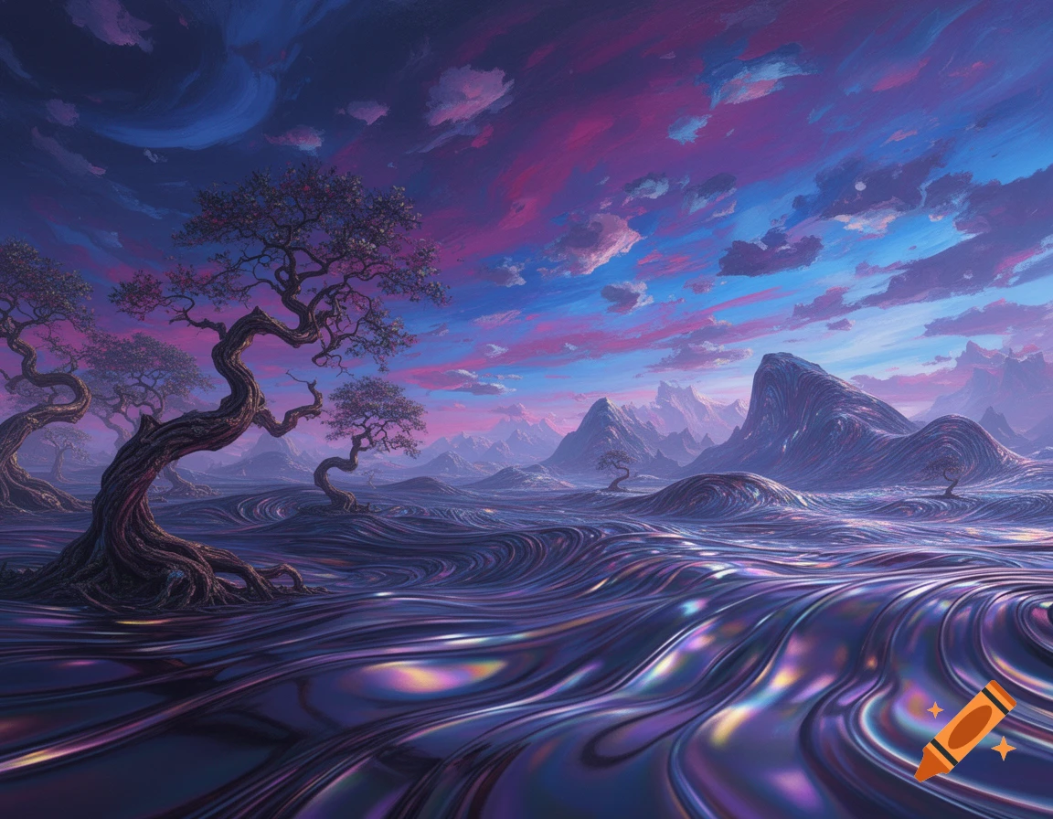 A vibrant, surreal landscape with gnarled trees, mountains, and a shiny, warped ground under a dramatic pink and blue sky.