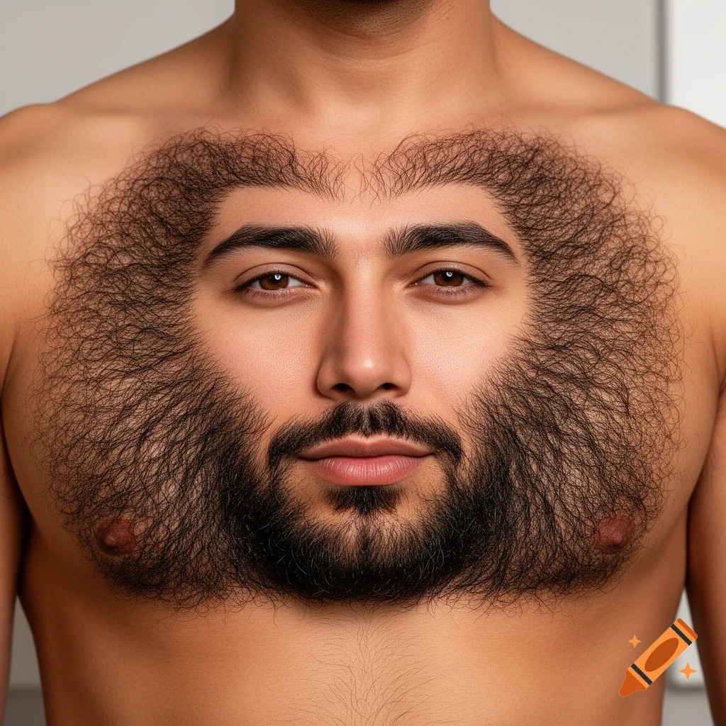 Photorealistic image of a man whose chest hair is styled to form a face.