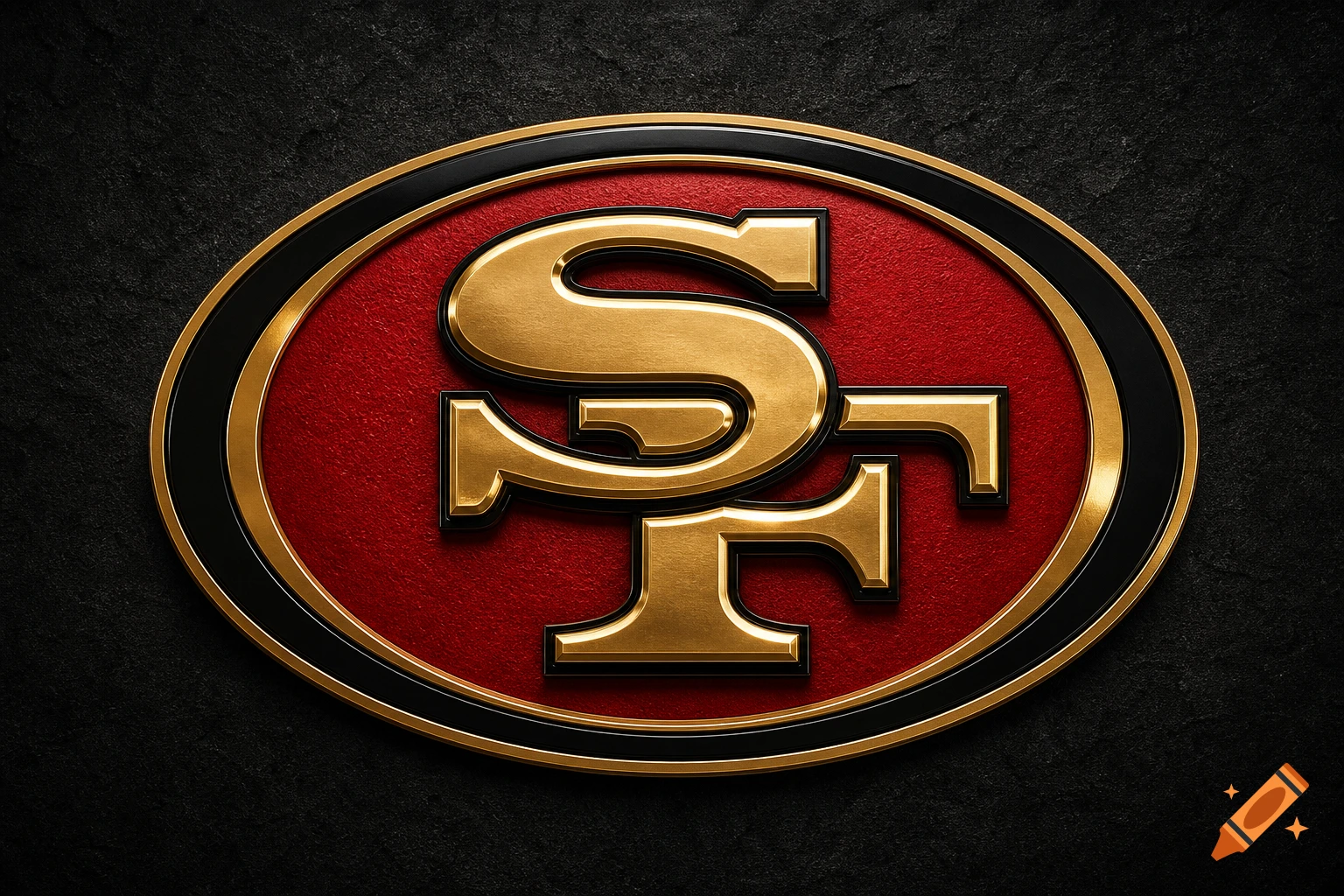 Gold SF San Francisco 49ers logo on a textured red oval with black and gold trim, against a dark background.