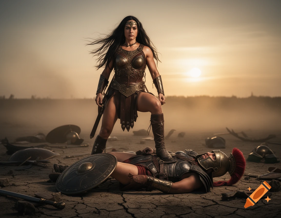 Photorealistic Amazon warrior stands over a fallen Greek soldier on a cracked battlefield at sunset.