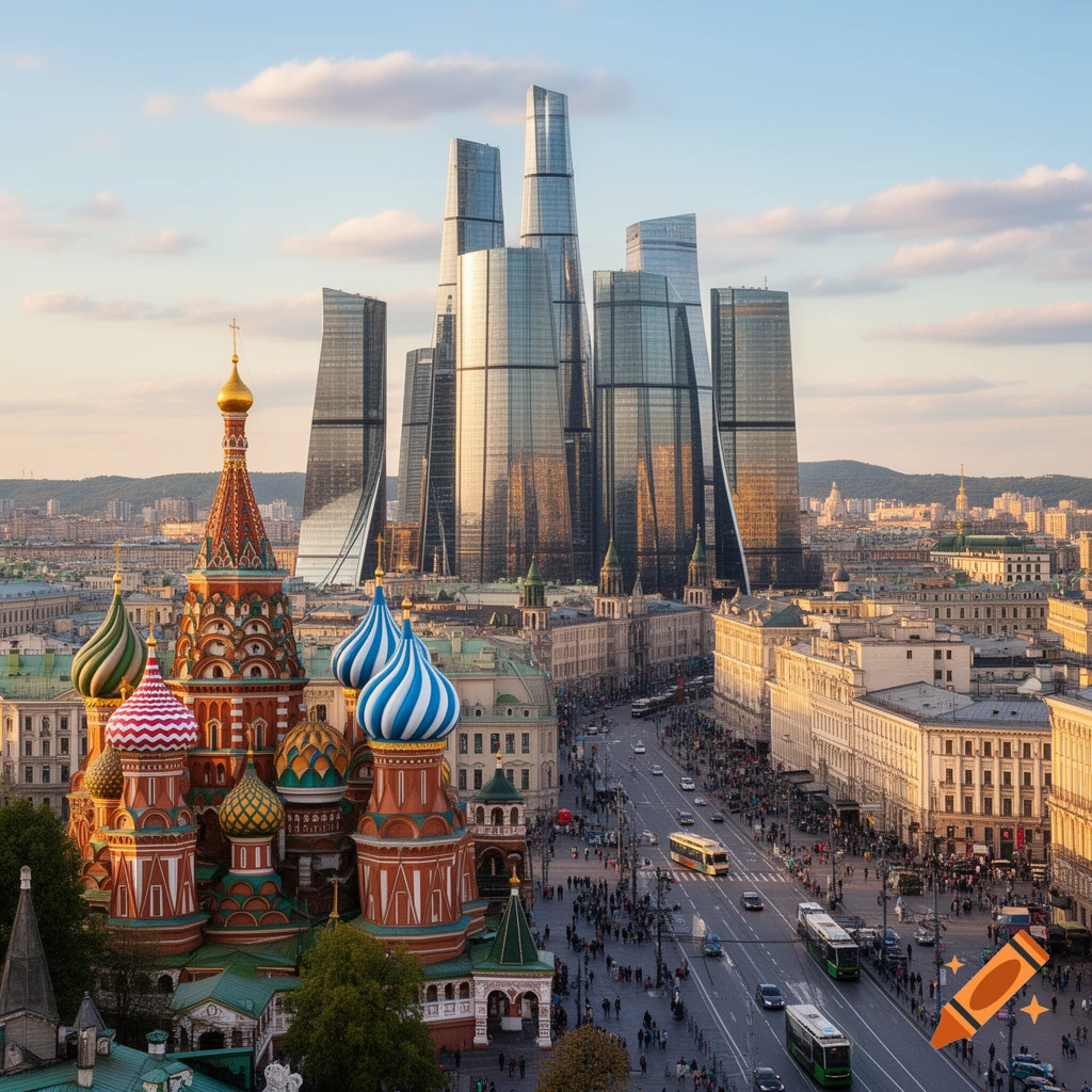 An aerial view of Moscow featuring the colorful domes of St. Basil's Cathedral in the foreground and modern glass skyscrapers in the background, with a busy street and buildings below.