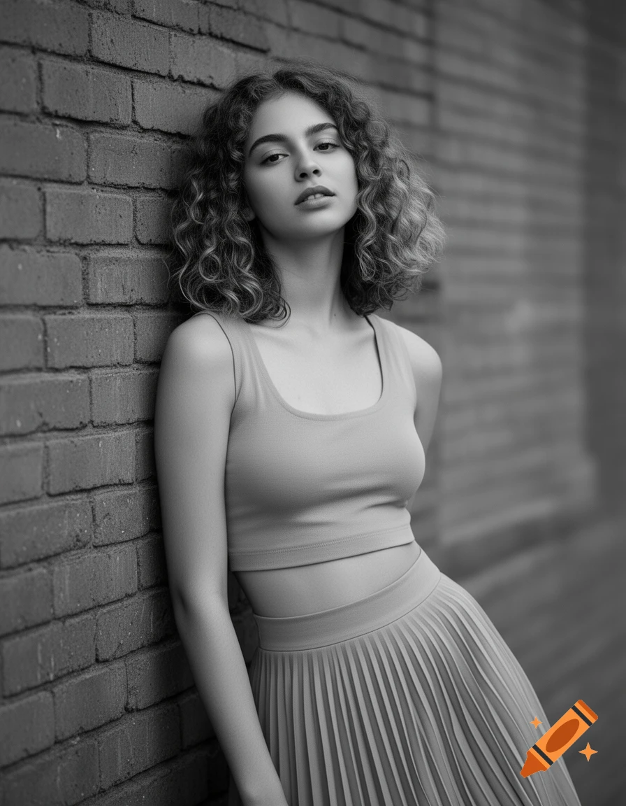 Photorealistic black and white portrait of a young woman with curly hair, wearing a crop top and pleated skirt, leaning against a brick wall.