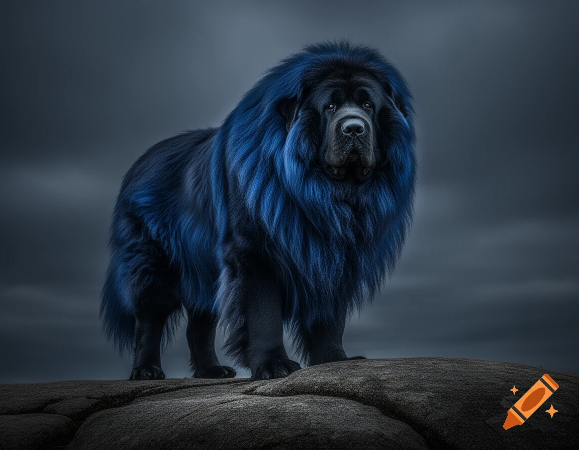 A massive black and deep blue-furred dog with a stoic expression stands on a rocky outcrop under dramatic lighting.