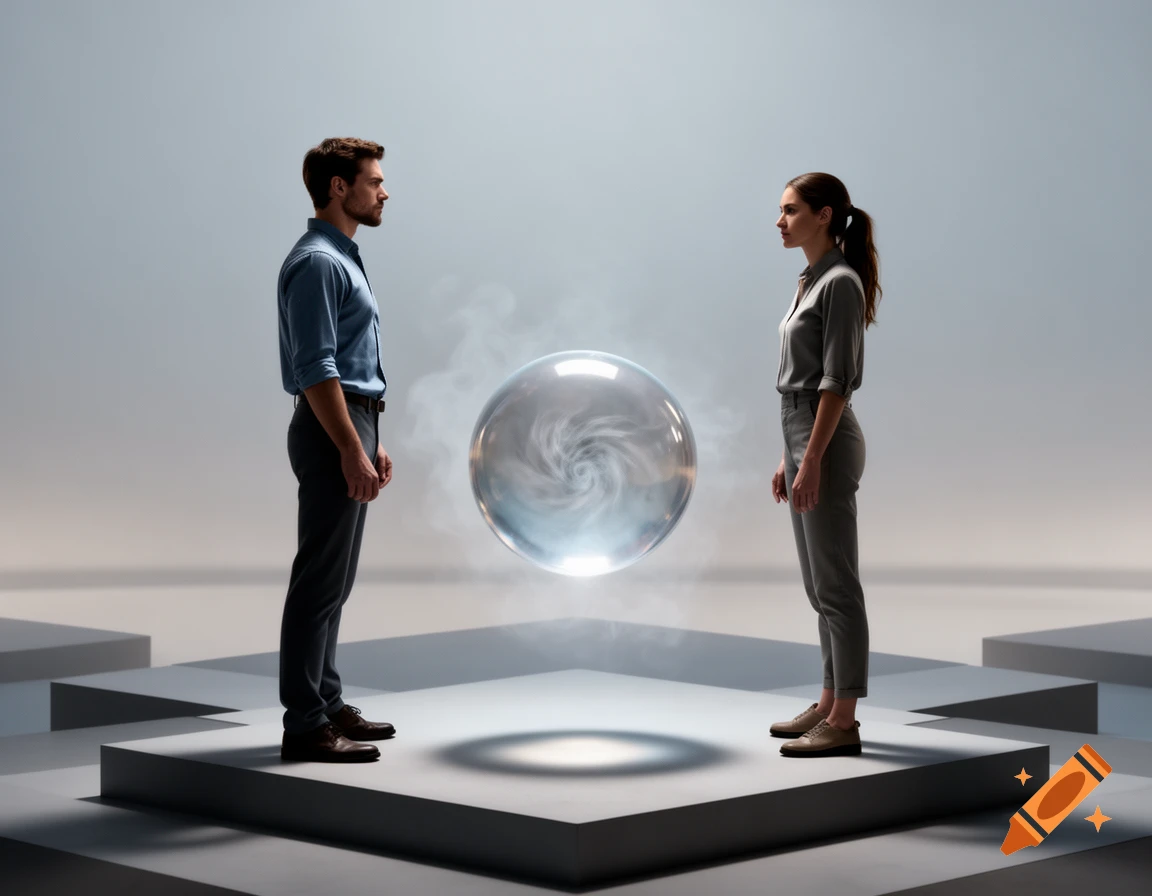 A man and a woman stand opposite each other on a platform, looking at a glowing, swirling sphere floating between them in a minimalist setting.