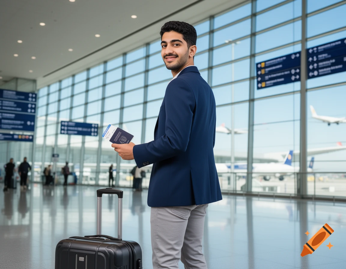 A young man smiles while holding a passport and boarding pass, standing with a suitcase in a modern airport terminal with airplanes outside.