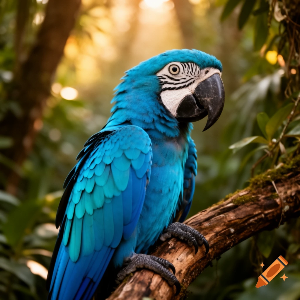A vibrant blue macaw parrot perches on a mossy branch in a sun-dappled green jungle, looking right.