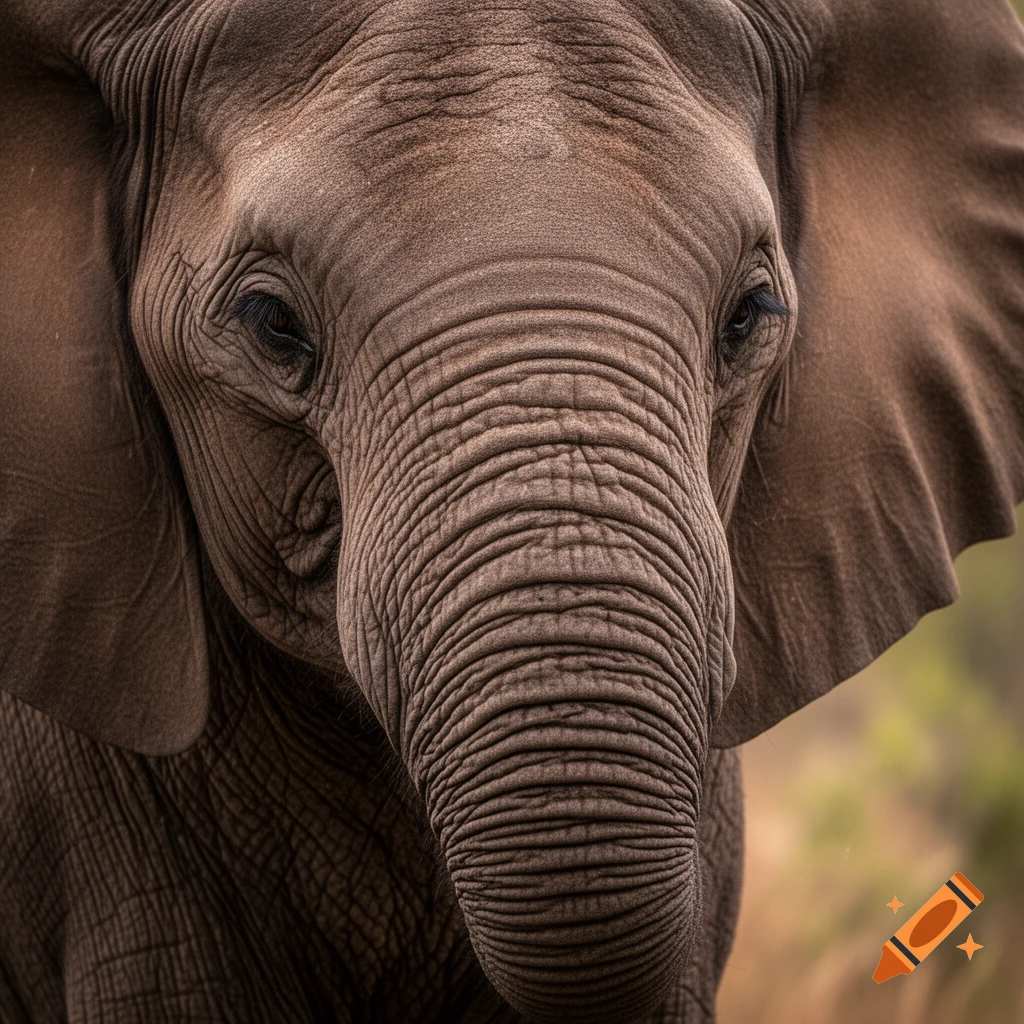 Close-up photorealistic portrait of an elephant's face, highlighting its wrinkled skin, eye, and trunk