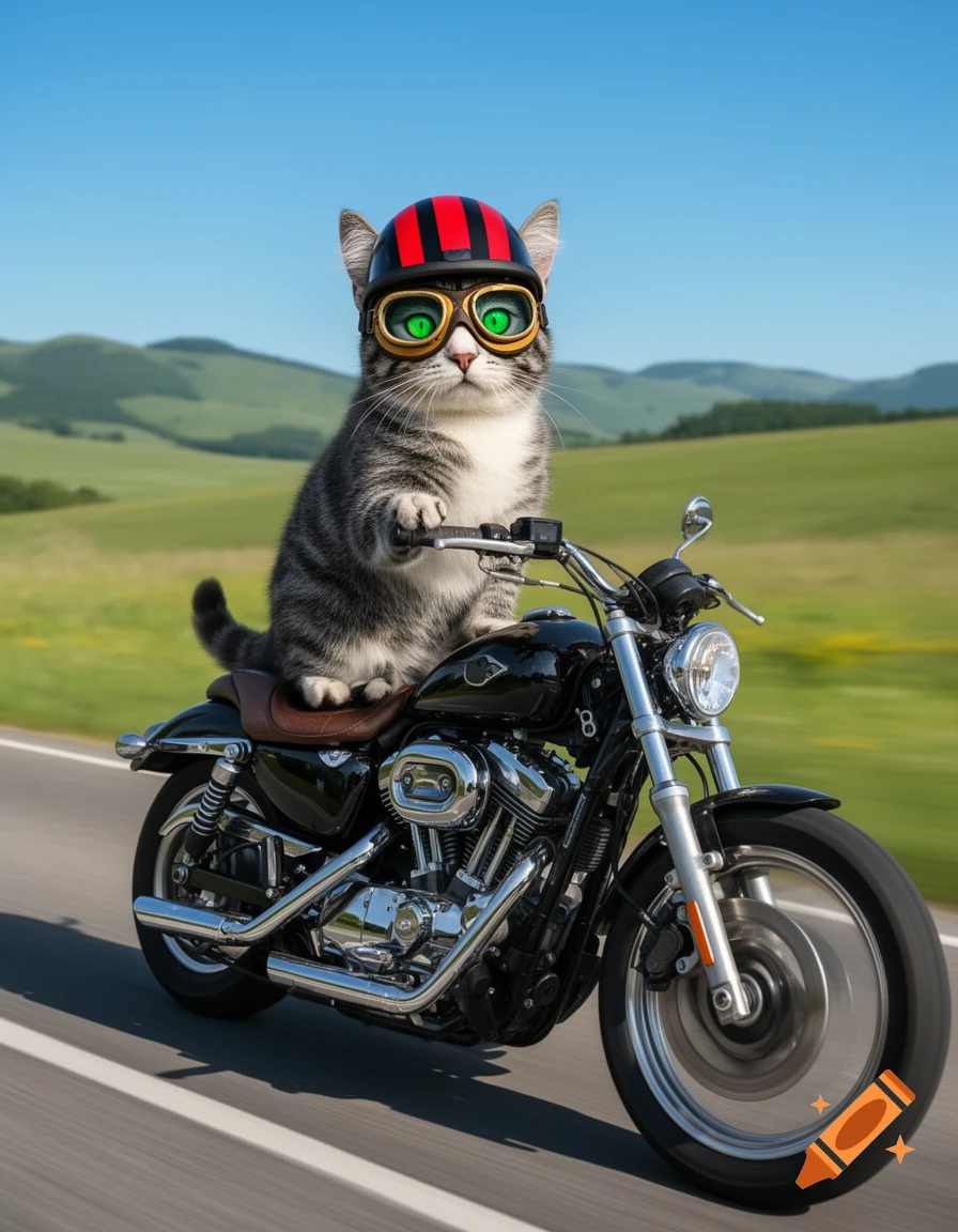 Photorealistic cat wearing a helmet and goggles, riding a motorcycle on a country road with green hills under a blue sky.