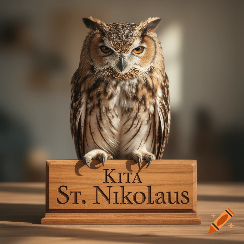 A photorealistic image of a wise owl perched on a wooden nameplate engraved with 'KITA St. Nikolaus'.
