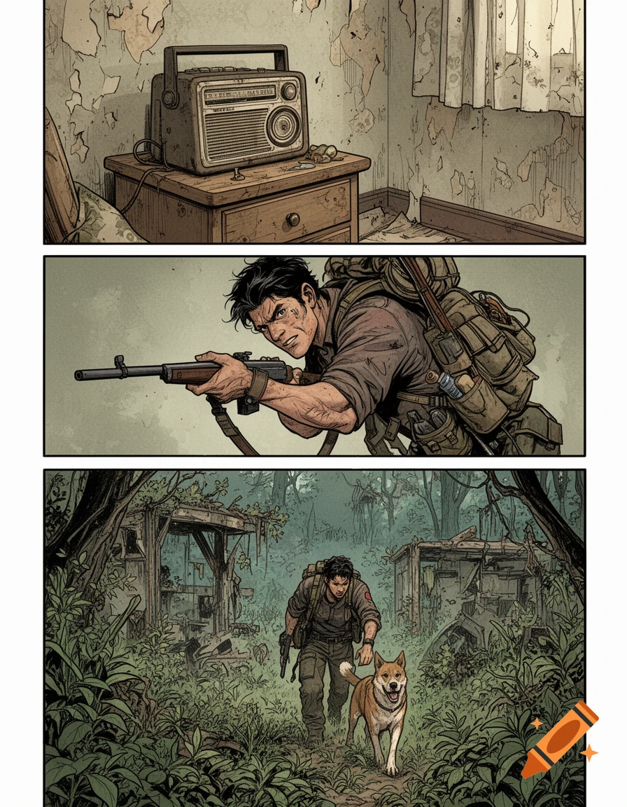 A manga page shows a radio on a nightstand, then a man with a rifle, and finally the man and a dog walking through an overgrown, ruined landscape.