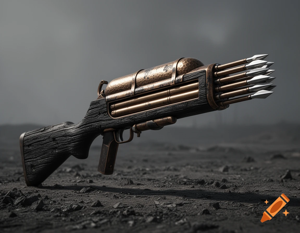 A photorealistic post-apocalyptic arrow gun made of burned wood and hammered bronze, with arrowheads, rests on desolate ground.