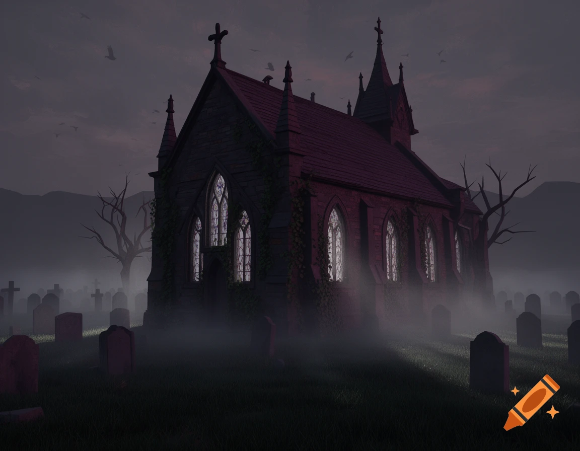 A gloomy, gothic church stands in a foggy graveyard at dusk, with bare trees and numerous gravestones under a dark sky.