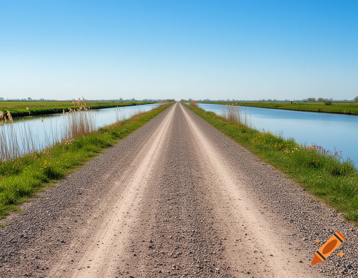 A long, straight gravel road extends into the distance, flanked by calm canals and green fields under a clear blue sky.