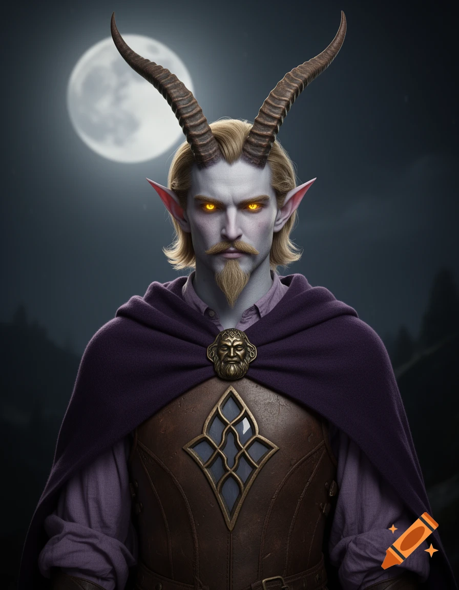 A pale-skinned tiefling with ibex horns, glowing yellow eyes, and a goatee, wearing a violet cloak and leather armor under a full moon.