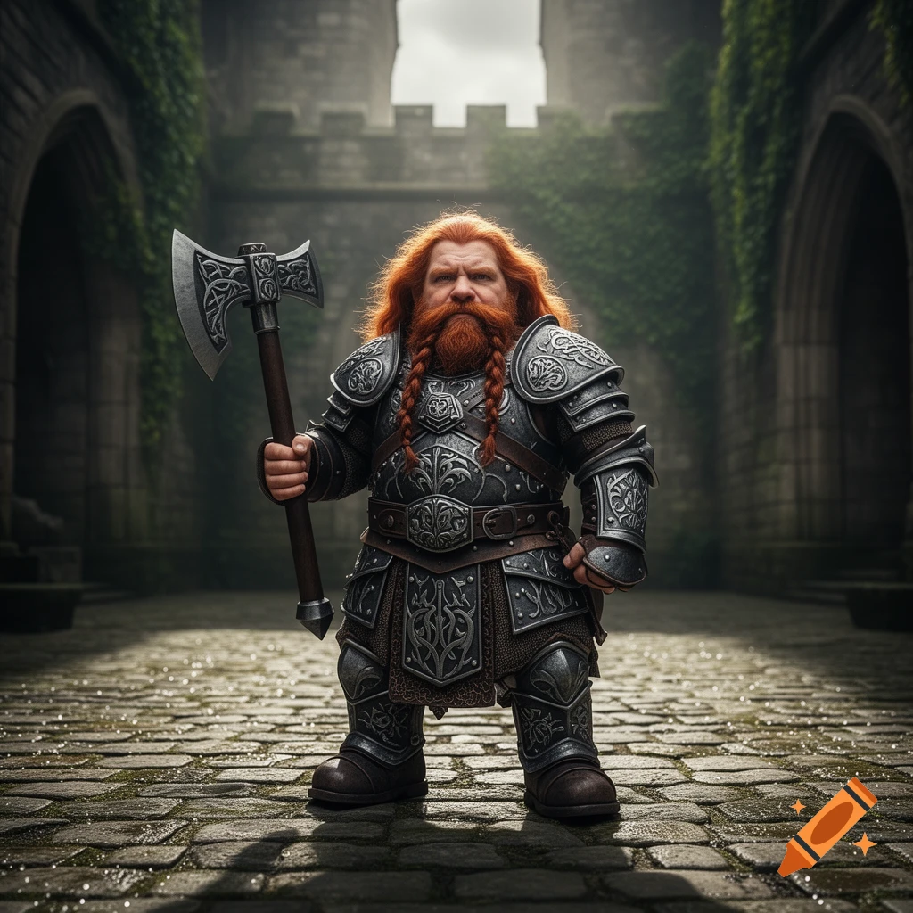 A fierce dwarf warrior with a braided red beard and intricate plate armor holds a large axe in a misty castle courtyard.