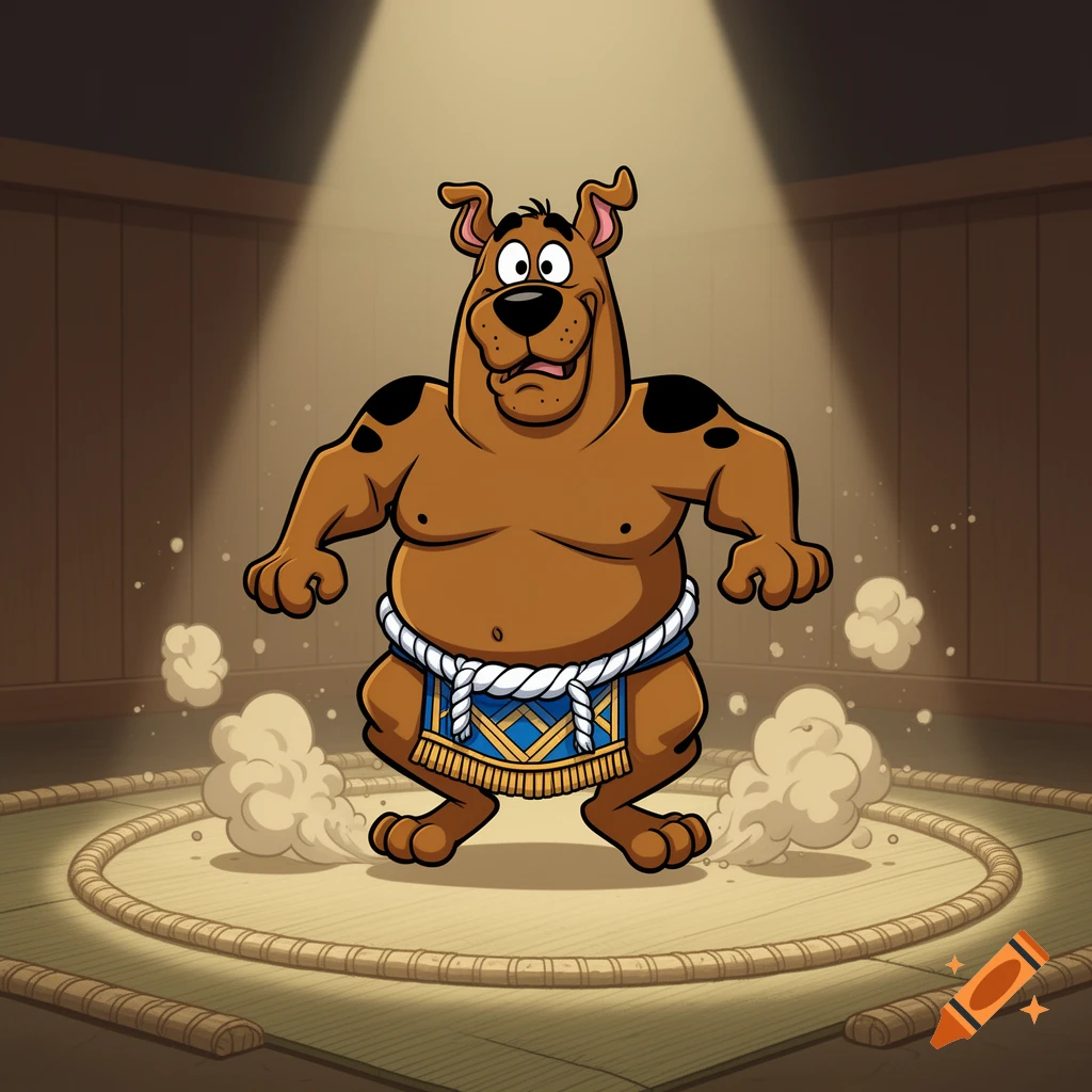 Scooby-Doo as a sumo wrestler stands in a wrestling ring, cartoon style.