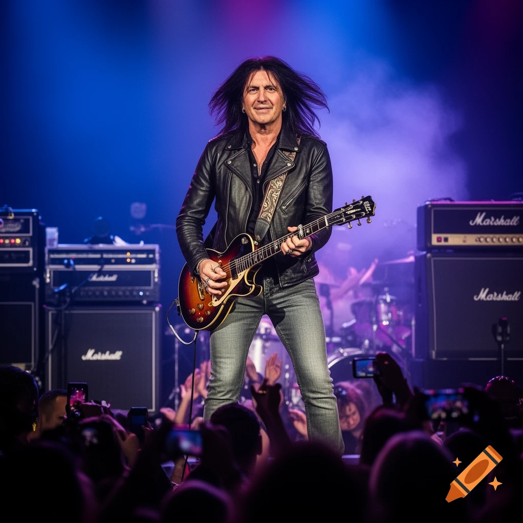 Male rock guitarist with long hair in a leather jacket plays an electric guitar on a bright stage in front of a crowd.