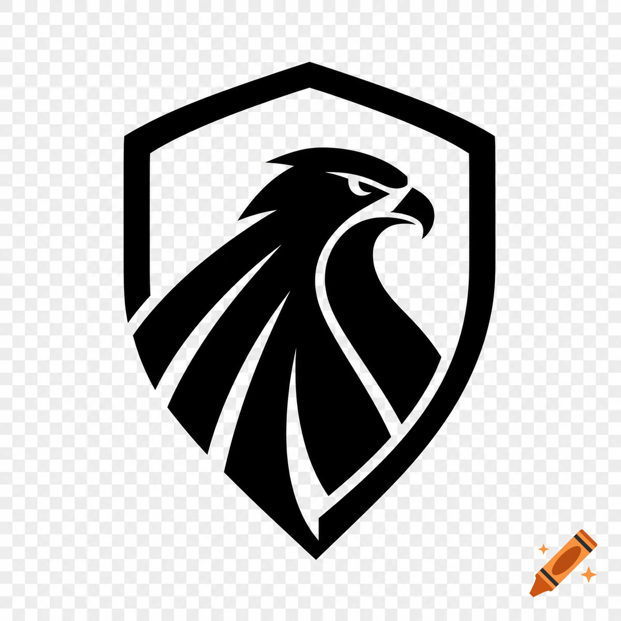 Minimalist black eagle head logo inside a shield on a transparent background.